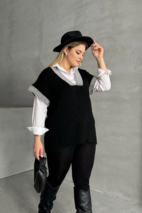 Büyük Beden V Yaka Kısa Kollu Triko Süveter 302139 Vervegrand