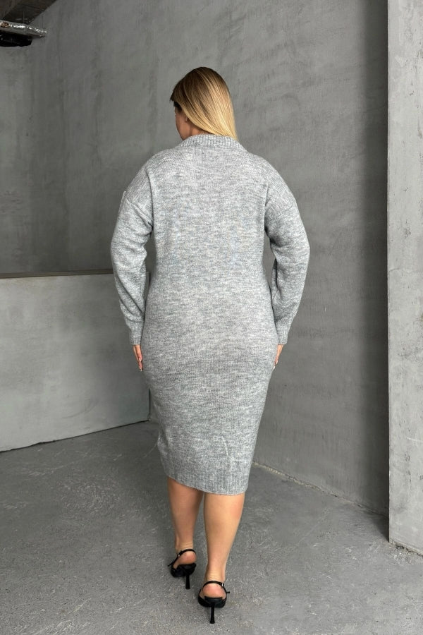 Büyük Beden V Yaka Uzun Kollu Örme Kazak Elbise 302335 Vervegrand