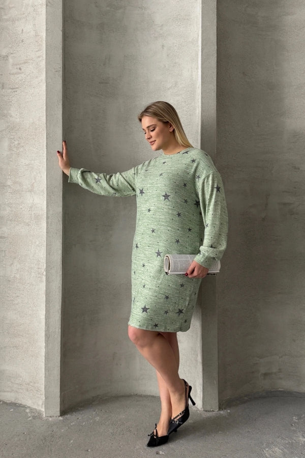 Büyük Beden Uzun Kollu Bisiklet Yaka Yıldız Desenli Esnek Elbise 84-158 Vervegrand