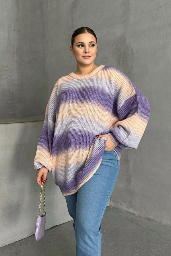 Büyük Beden Uzun Kollu Bisiklet Yaka Renk Bloklu Triko Kazak DG-06 Vervegrand