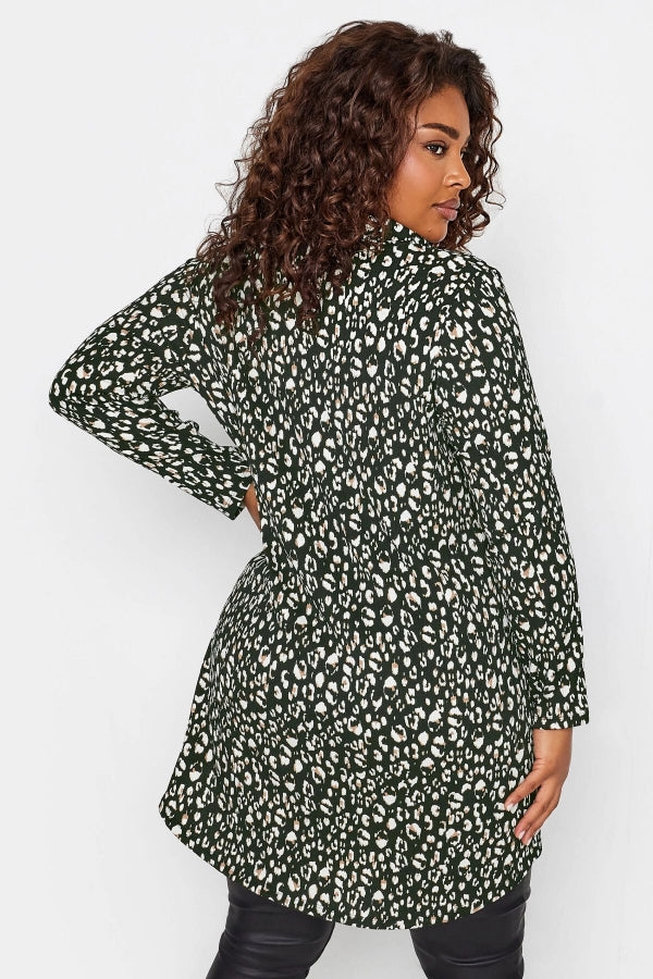 Büyük Beden Leopar Baskılı Düğmeli Uzun Kollu Uzun Kesim Gömlek 302647 Vervegrand