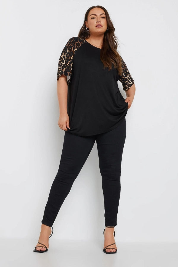 Büyük Beden Bisiklet Yaka Kısa Kolları Leopar Desenli T-Shirt 322115 Vervegrand