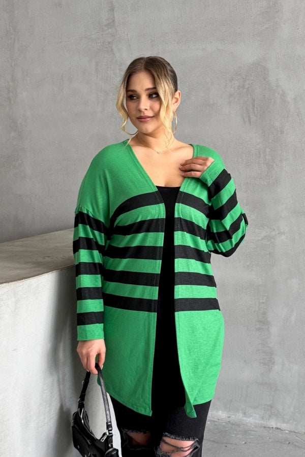 Büyük Beden Midi Boy Uzun Kollu Çizgili İnce Hırka 301568 Vervegrand