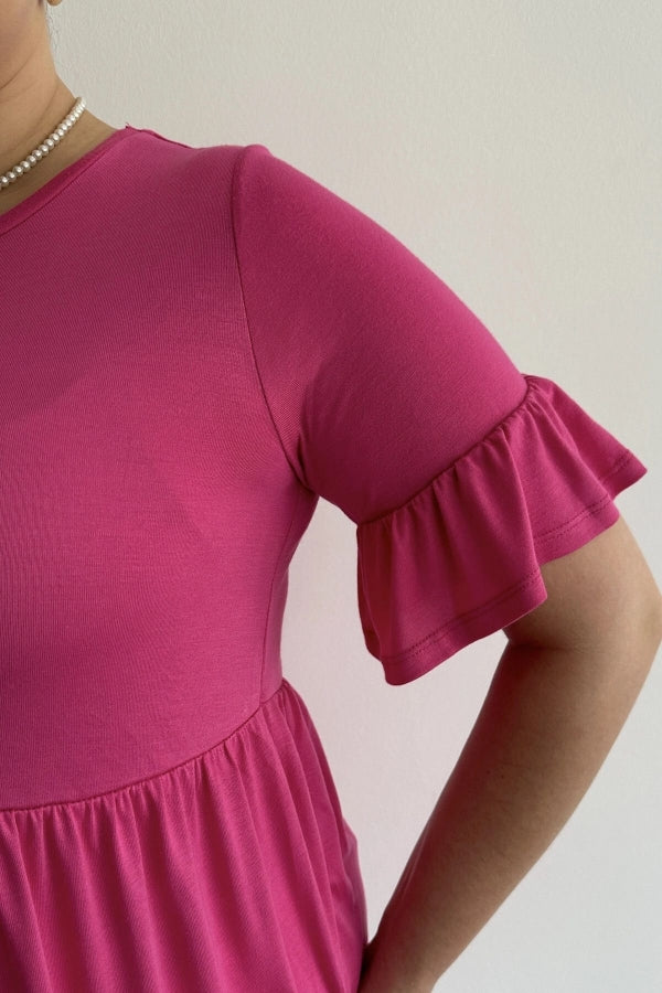 Büyük Beden Kol Detaylı Beli Lastikli Pileli Tunik T-shirt T41 Vervegrand