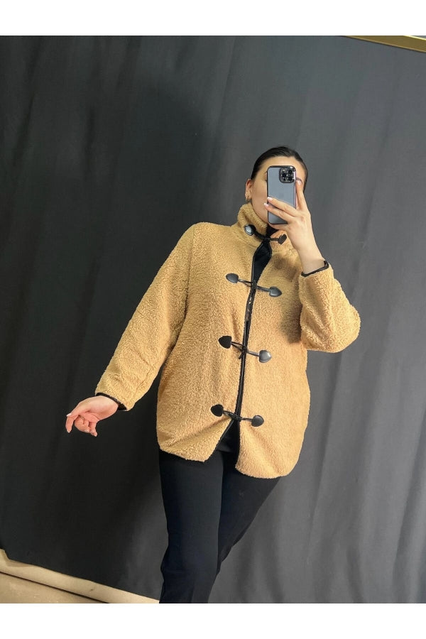 Büyük Beden Önü Kapamalı Cepli Uzun Kollu Peluş Mont 301817 Vervegrand