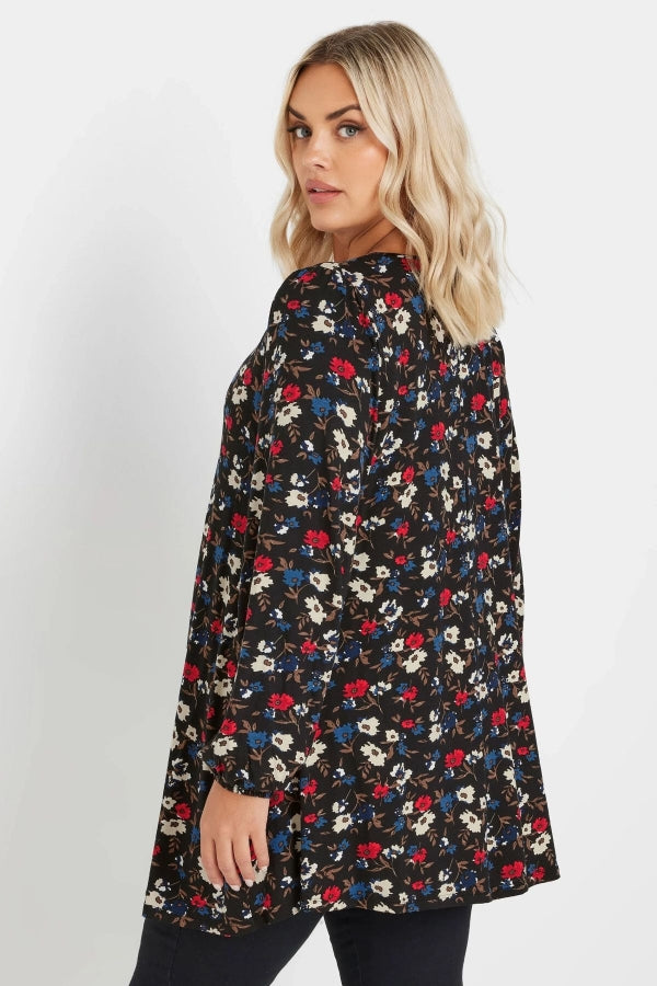 Büyük Beden Uzun Kollu V Yaka Önü Pileli Çiçek Desenli Bluz 303720 Vervegrand