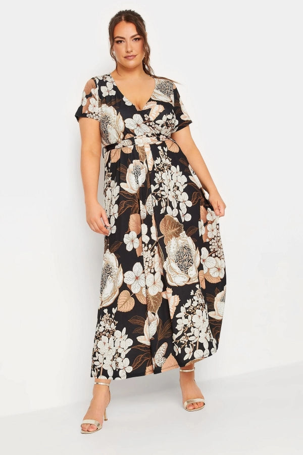 Büyük Beden V Yaka Desenli Kuşaklı Likralı Yarım Kol Anvelop Elbise 302154 Vervegrand