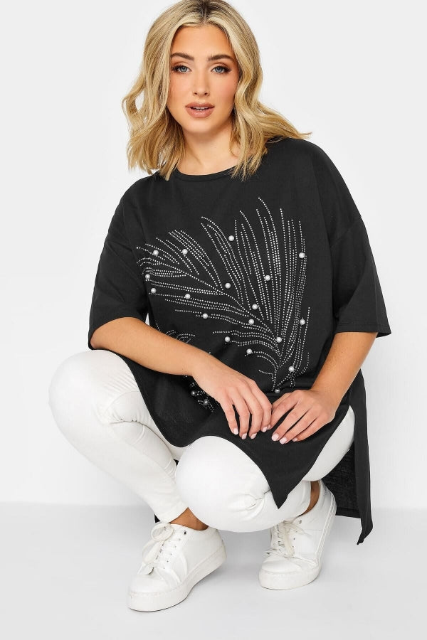 Büyük Beden Bisiklet Yaka Yırtmaç Detaylı Boncuk İşlemeli T-shirt 302044 Vervegrand