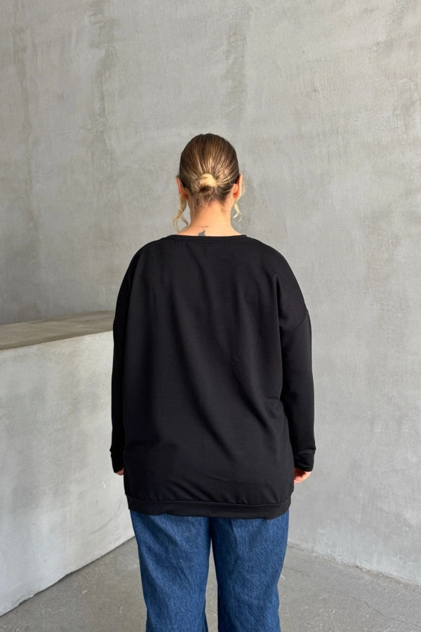 Büyük Beden Bisiklet Yaka Uzun Kollu Önü Baskılı Sweatshirt 300282 Vervegrand