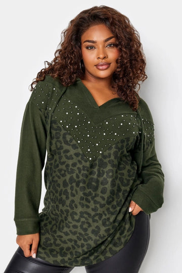 Vervegrand büyük beden taş detaylı leopar desenli sweatshirt