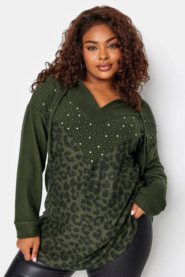 Büyük Beden V Yaka Kapüşonlu Taş Detaylı Leopar Desenli Sweatshirt 285009 Vervegrand