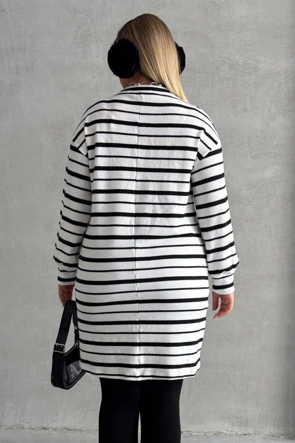 Büyük Beden Bisiklet Yaka Uzun Kollu Bileği Lastikli Çizgili Elbise 303062 Vervegrand