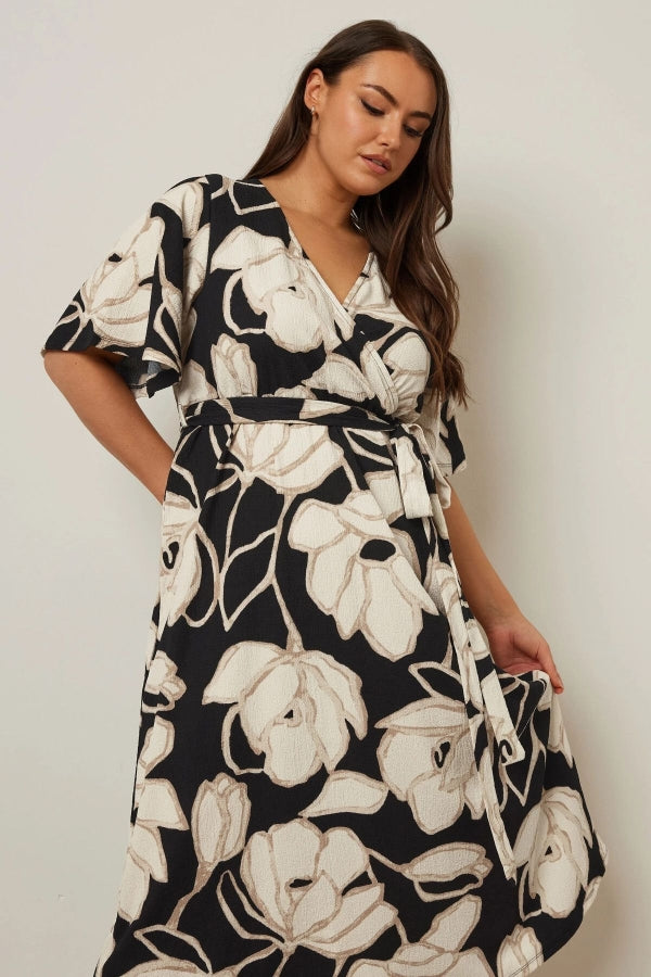 Büyük Beden V Yaka Kısa Kollu Önü Bağlamalı Anvelop Midi Elbise 304069 Vervegrand