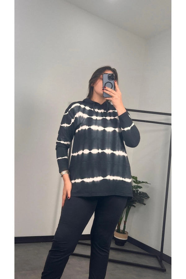 Büyük Beden Uzun Kollu Arkası Uzun Baskılı Kapüşonlu Sweatshirt 301588 Vervegrand