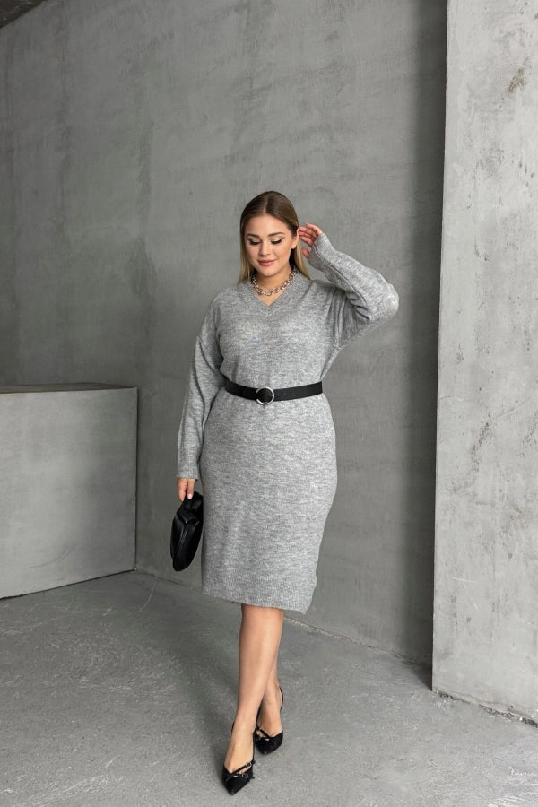 Büyük Beden V Yaka Uzun Kollu Örme Kazak Elbise 302335 Vervegrand