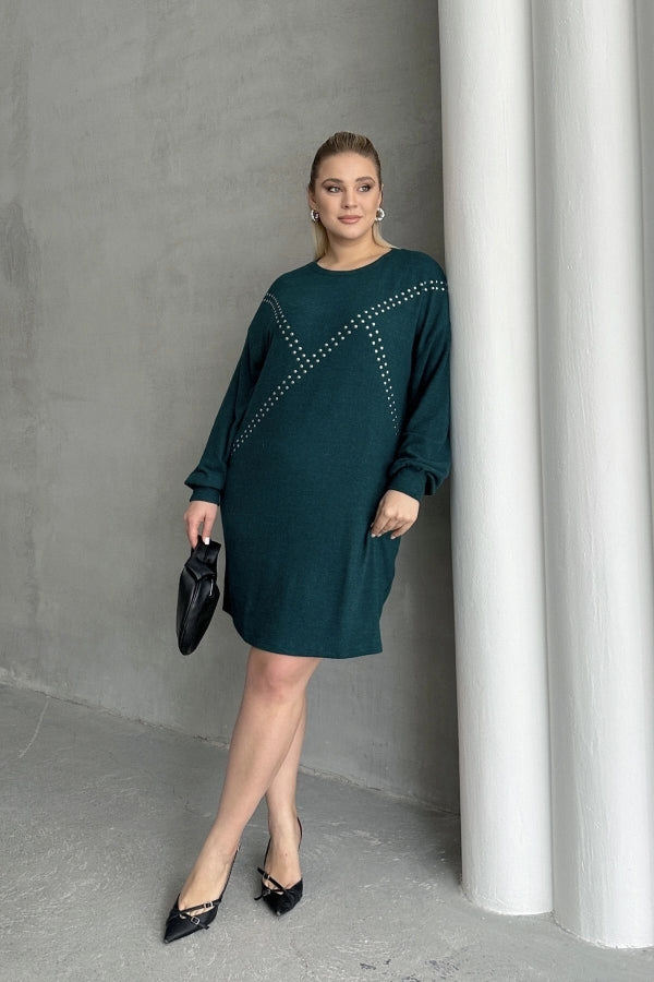Büyük Beden Uzun Kollu Yumuşak Dokulu Taş İşlemeli Triko Elbise 285040 Vervegrand