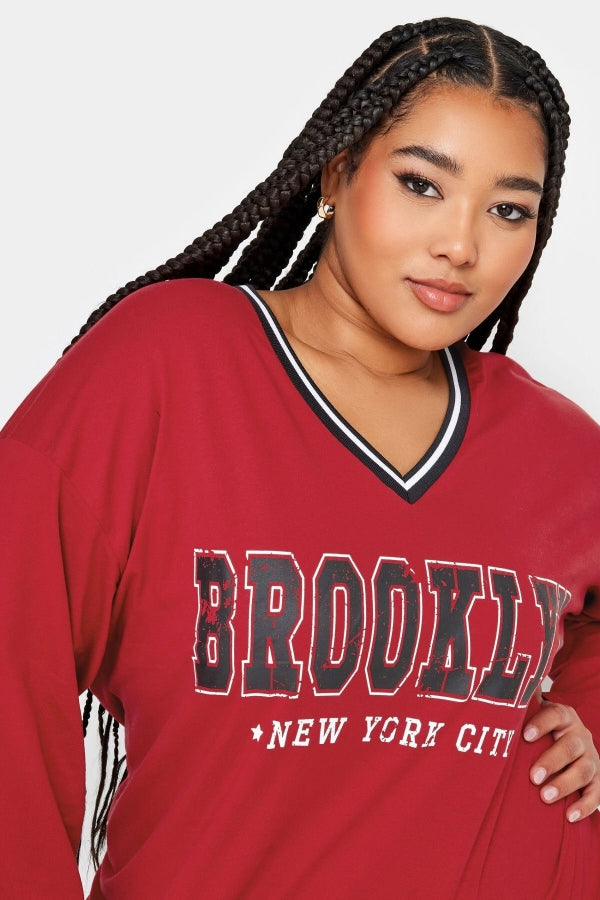 Büyük Beden V Yaka Uzun Kollu Baskılı Oversize T-shirt 321314 Vervegrand