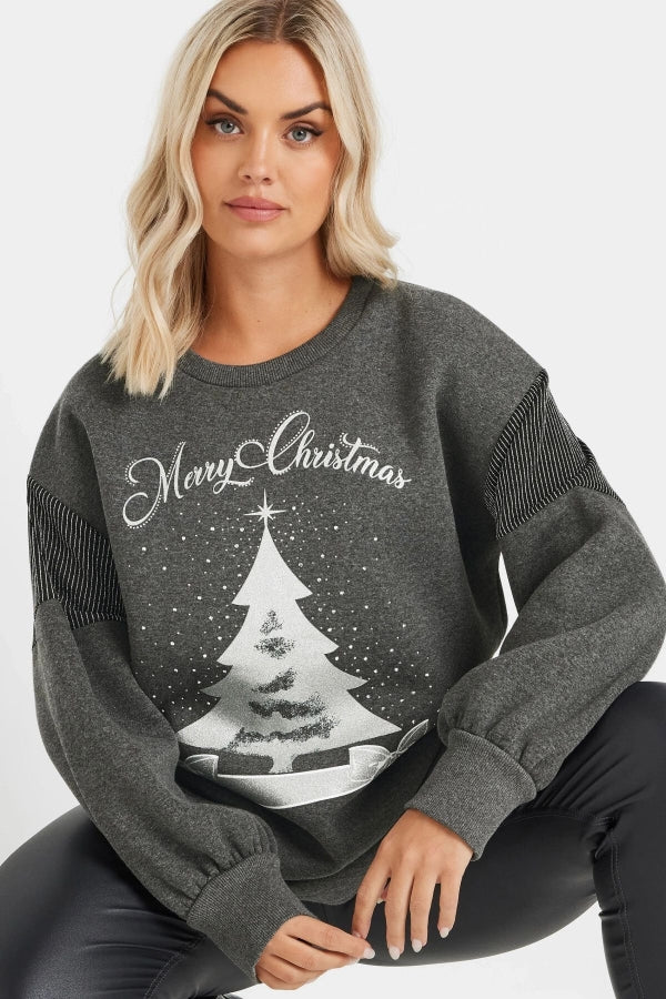 Vervegrand büyük beden yılbaşı temalı gri sweatshirt