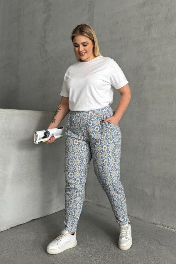 Büyük Beden Beli ve Paçası Lastikli Desenli Cepli Pantolon 303490 Vervegrand