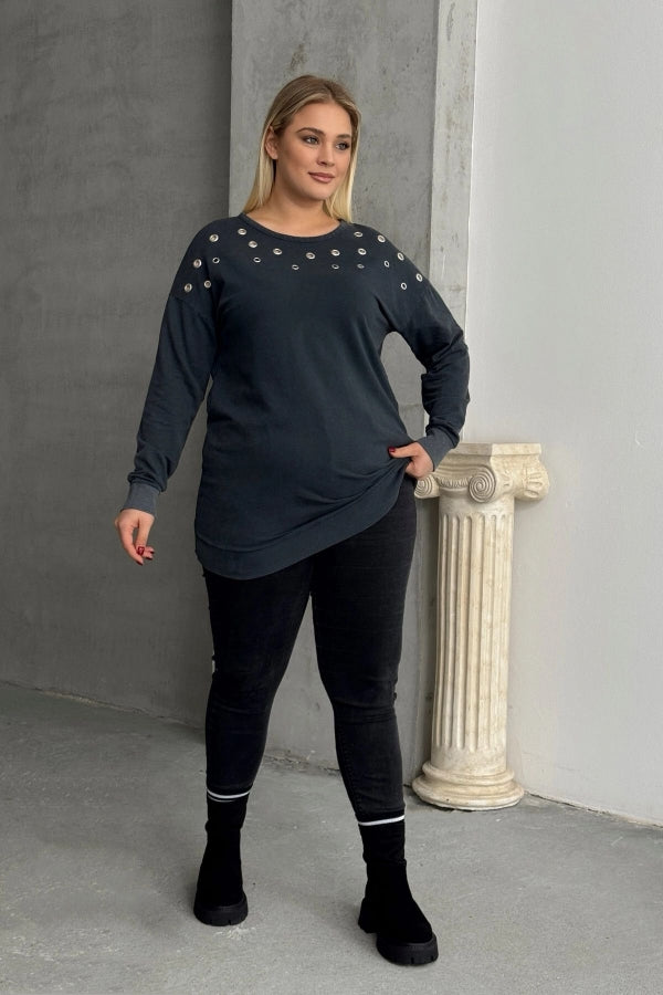 Büyük Beden Uzun Kollu Kuşgözü ve Sırt Dekolte Detaylı Sweatshirt 303870 Vervegrand