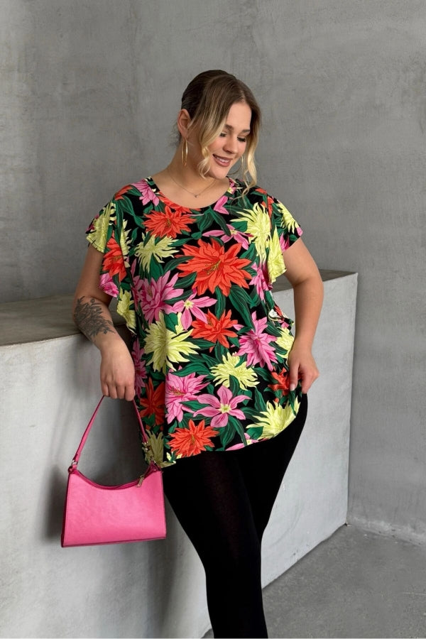 Büyük Beden Bisiklet Yaka Kolları Fırfır Detaylı Çiçek Desenli Bluz 1060 Vervegrand