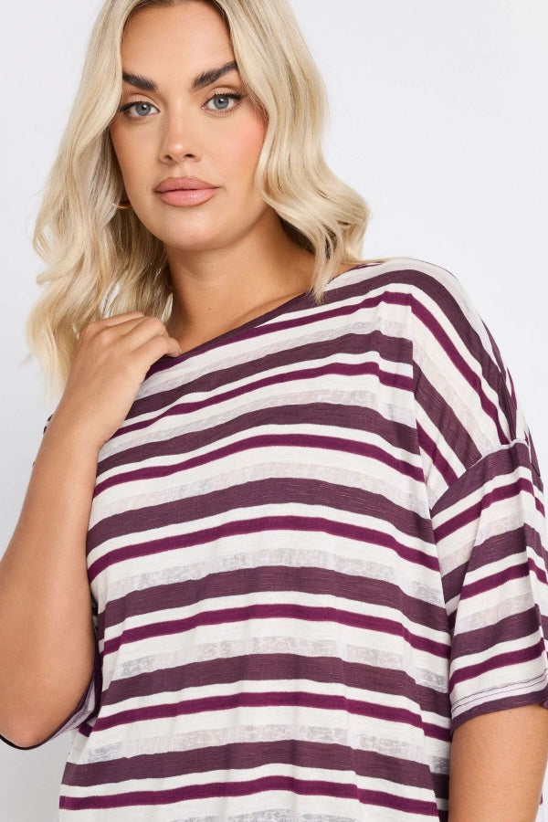 Büyük Beden Yanları Yırtmaçlı Kısa Kollu Bisiklet Yaka Çizgili T-shirt 303668 Vervegrand