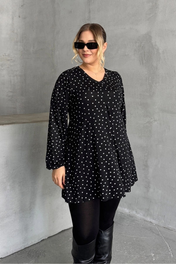 Büyük Beden Uzun Kollu Önü Pileli Bilekleri Lastikli Puantiyeli Bluz 322348 Vervegrand