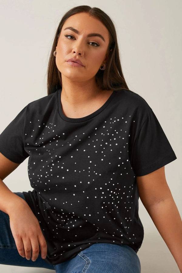 Büyük Beden Bisiklet Yaka Kısa Kollu Taş Yapıştırma Basic T-shirt 615350 Vervegrand