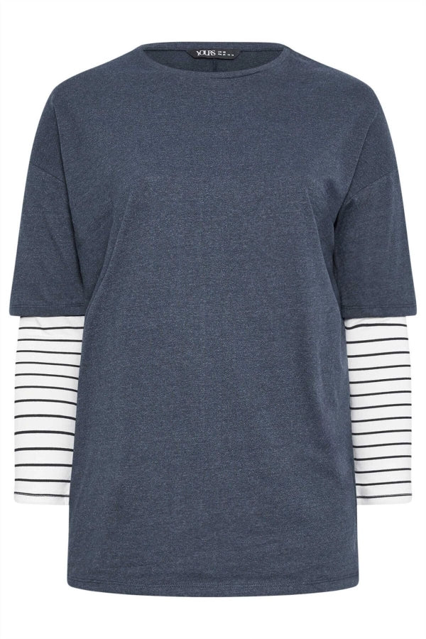 Büyük Beden Bisiklet Yaka Çift Katlı Kolları Çizgili T-shirt 302777 Vervegrand