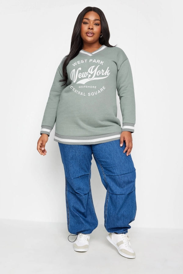 Büyük Beden V Yaka Uzun Kollu Baskılı Şerit Detaylı Sweatshirt 302803 Vervegrand