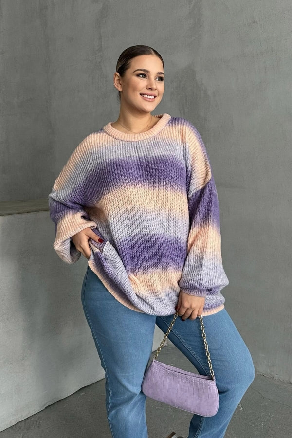 Büyük Beden Uzun Kollu Bisiklet Yaka Renk Bloklu Triko Kazak DG-06 Vervegrand