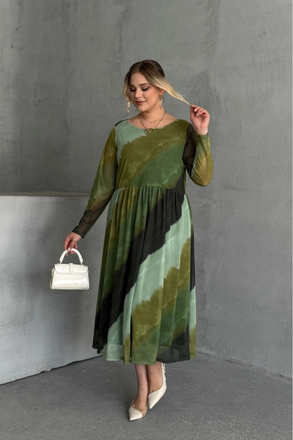 Büyük Beden Bisiklet Yaka Uzun Kollu Beli Lastikli Astarlı Elbise 615922 Vervegrand