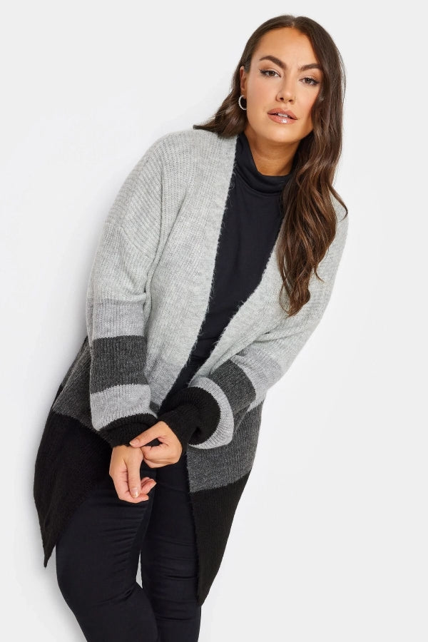 Büyük Beden Uzun Kollu Renk Bloklu Önü Kapamasız Triko Hırka 301881 Vervegrand