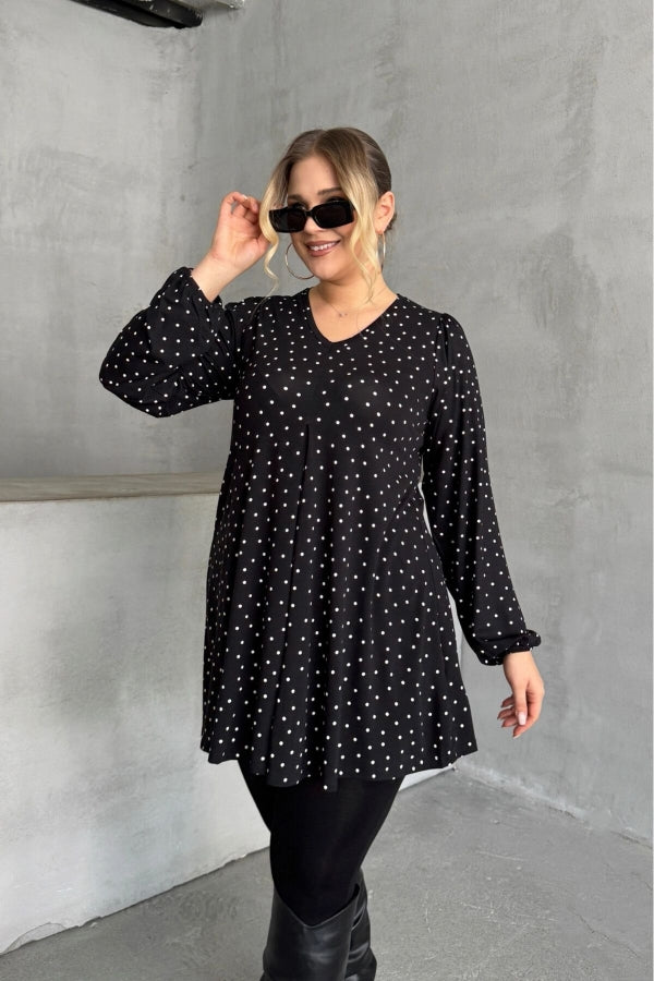 Büyük Beden Uzun Kollu Önü Pileli Bilekleri Lastikli Puantiyeli Bluz 322348 Vervegrand