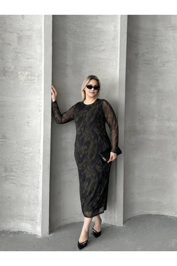 Büyük Beden Uzun Tül Kol Astarlı Mesh Midi Elbise 216292 Vervegrand