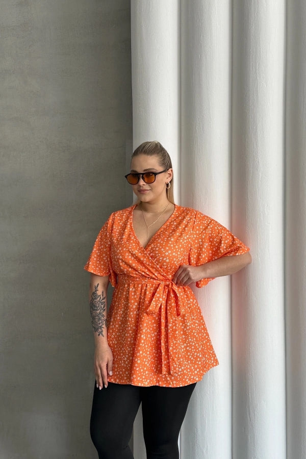 Büyük Beden Kısa Kollu V Yaka Önü Bağlama Detaylı Bluz 97-40 Vervegrand