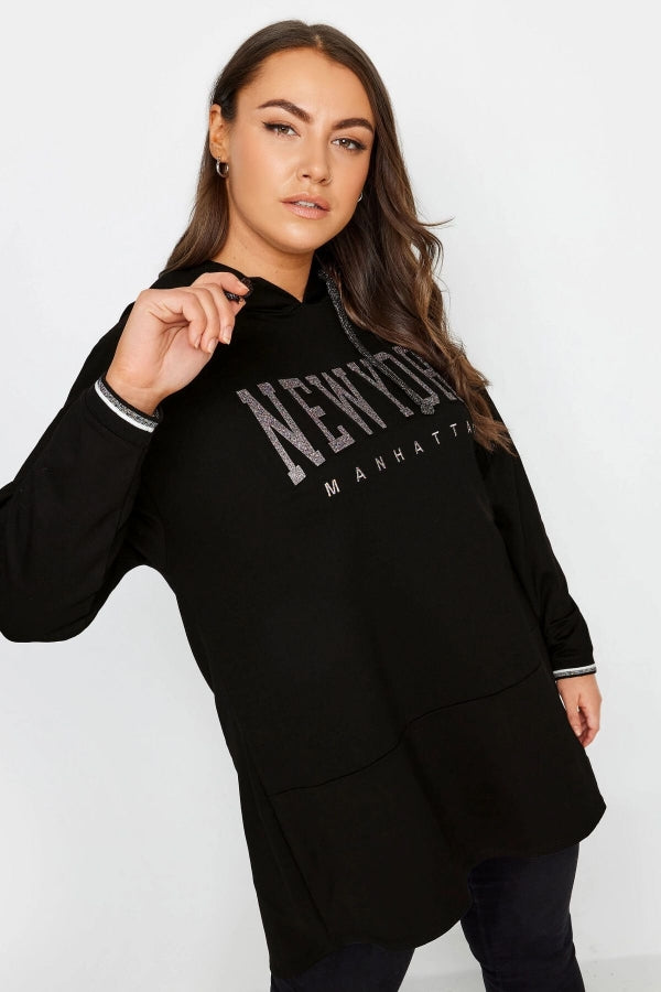 Vervegrand büyük beden siyah Manhattan baskılı kapüşonlu sweatshirt