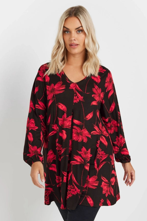 Büyük Beden Uzun Kollu V Yaka Önü Pileli Çiçek Desenli Bluz 303721 Vervegrand