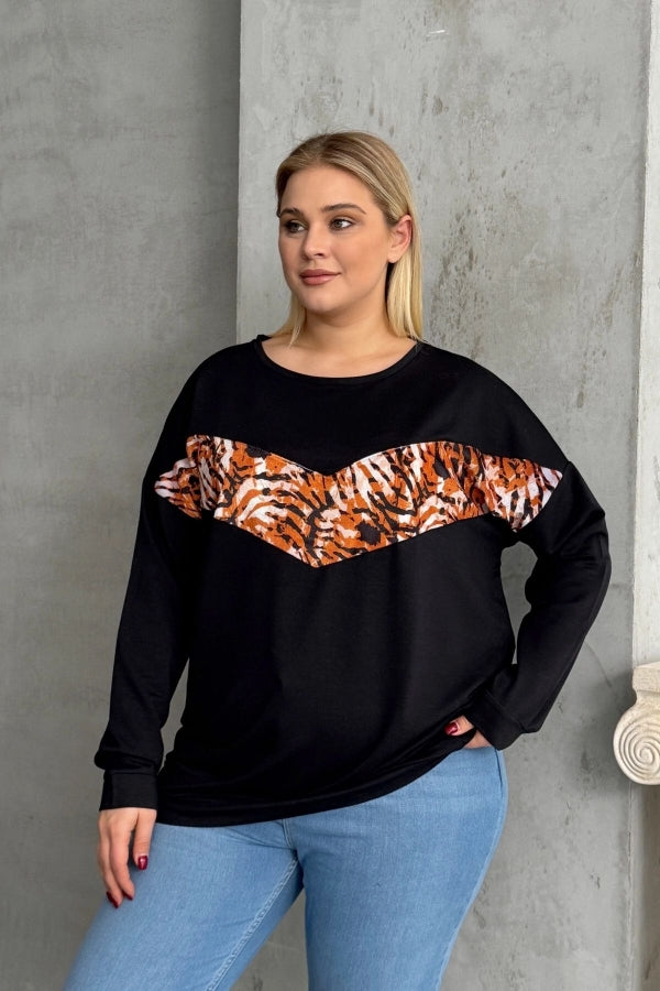 Büyük Beden Bisiklet Yaka Uzun Kollu Leopar Desenli Sweatshirt 300281 Vervegrand