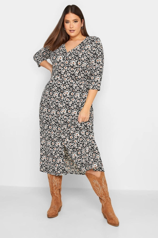 Büyük Beden V Yaka Fakir Kol Çiçek Desenli Midi Boy Elbise 301865 Vervegrand