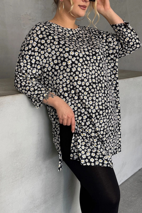 Büyük Beden Bisiklet Yaka Fakir Kol Yırtmaç Detaylı Çiçek Desenli Bluz 173292 Vervegrand