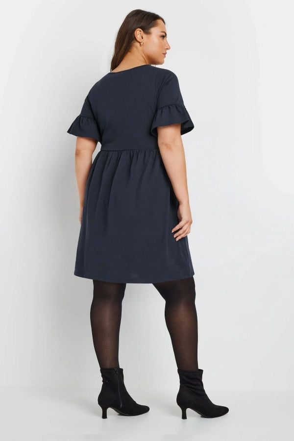 Büyük Beden Bisiklet Yaka Kısa Fırfır Kollu Beli Lastikli Mini Elbise 303646 Vervegrand