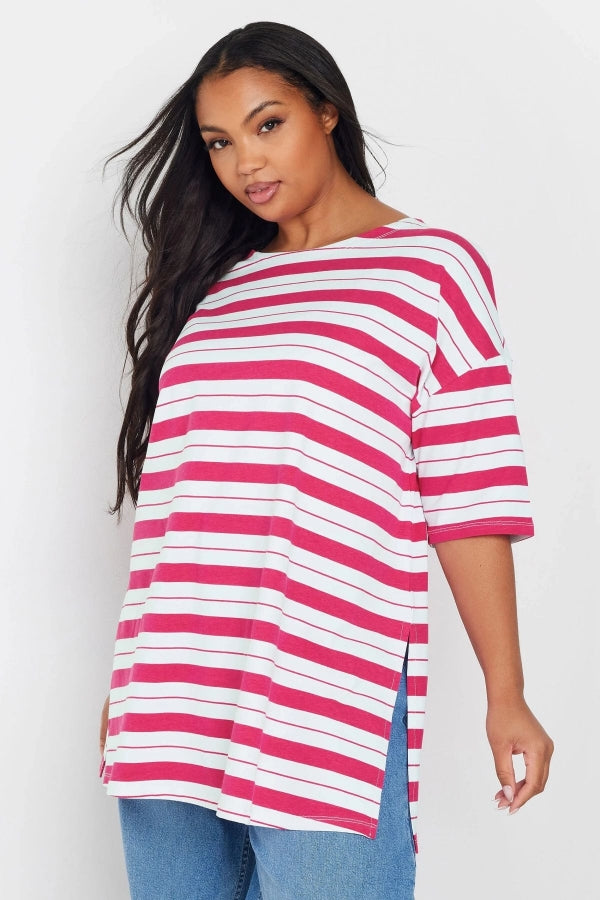 Büyük Beden Bisiklet Yaka Kısa Kollu Yanları Yırtmaçlı Çizgili T-shirt 303945 Vervegrand