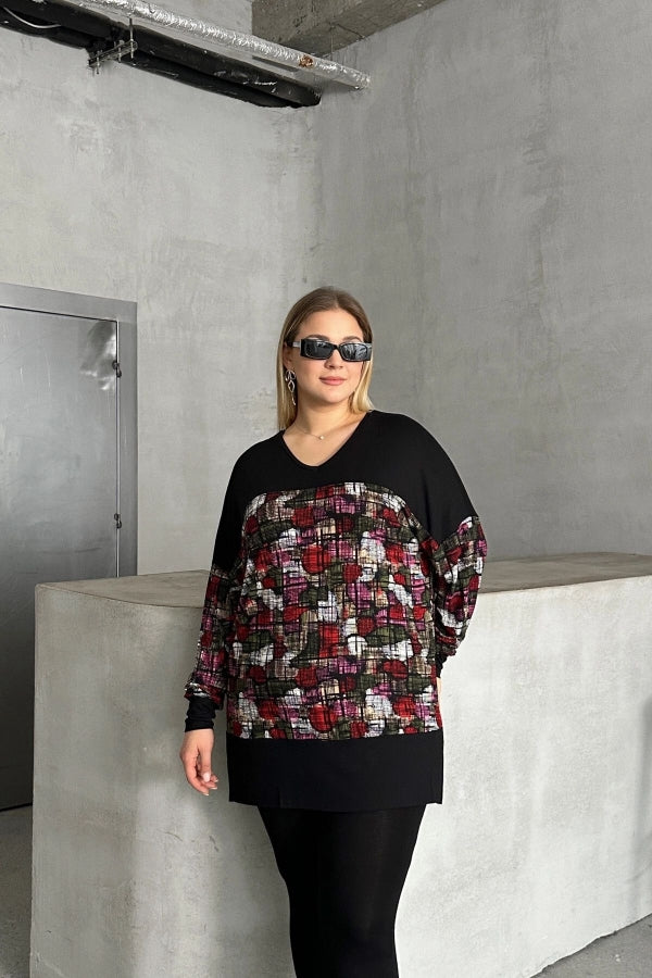 Büyük Beden V Yaka Uzun Kollu Desenli Likralı Bluz 303363 Vervegrand