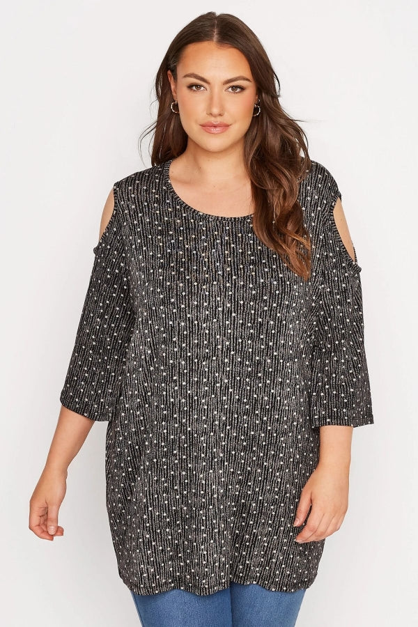 Büyük Beden Açık Omuz Detaylı Puantiyeli Yarım Kollu Bluz 300404 Vervegrand