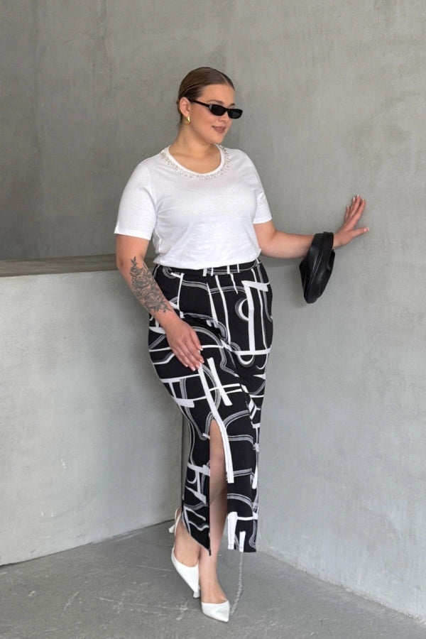Büyük Beden Beli Lastikli Soyut Desenli Yırtmaç Detaylı Uzun Etek 98-120 Vervegrand