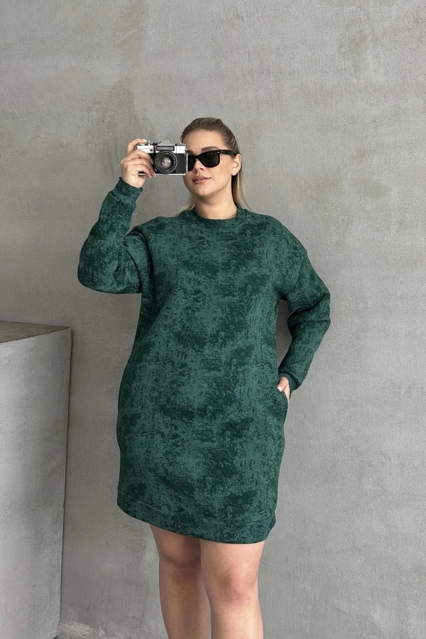 Büyük Beden Uzun Kollu Bisiklet Yaka Cepli Desenli Elbise 106-77 Vervegrand