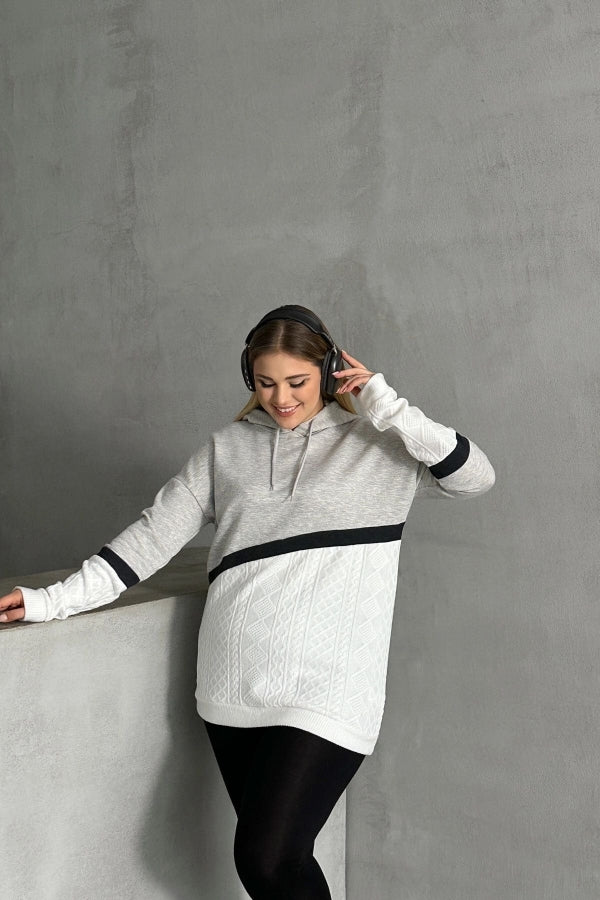 Büyük Beden Kapüşonlu Uzun Kollu İki Parça Görünümlü Cepsiz Sweatshirt 300264 Vervegrand