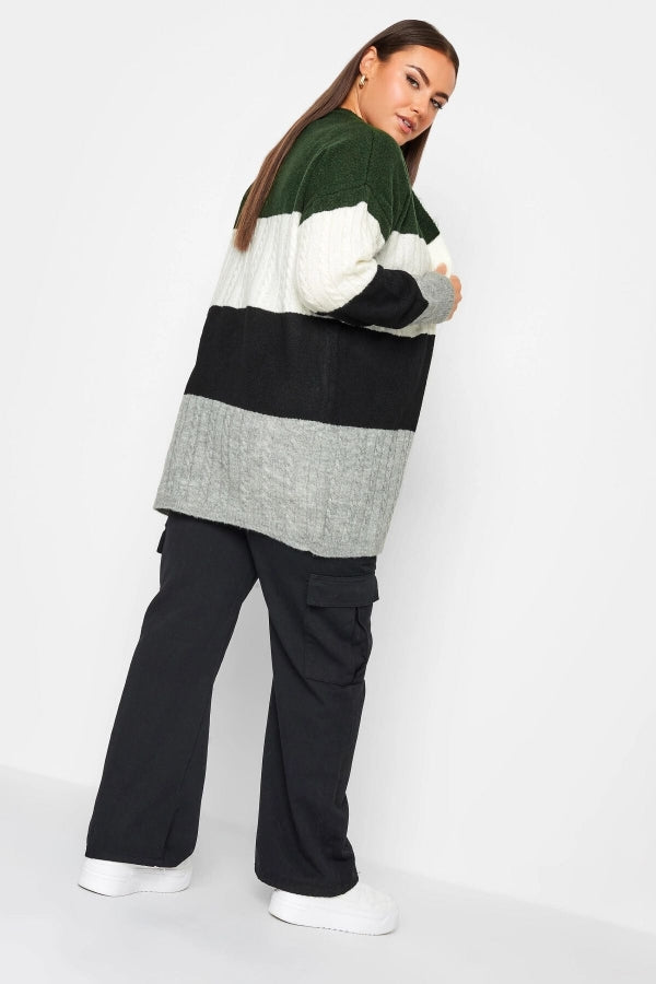 Büyük Beden Midi Boy Çizgili Uzun Kollu Triko Örme Hırka 302146 Vervegrand