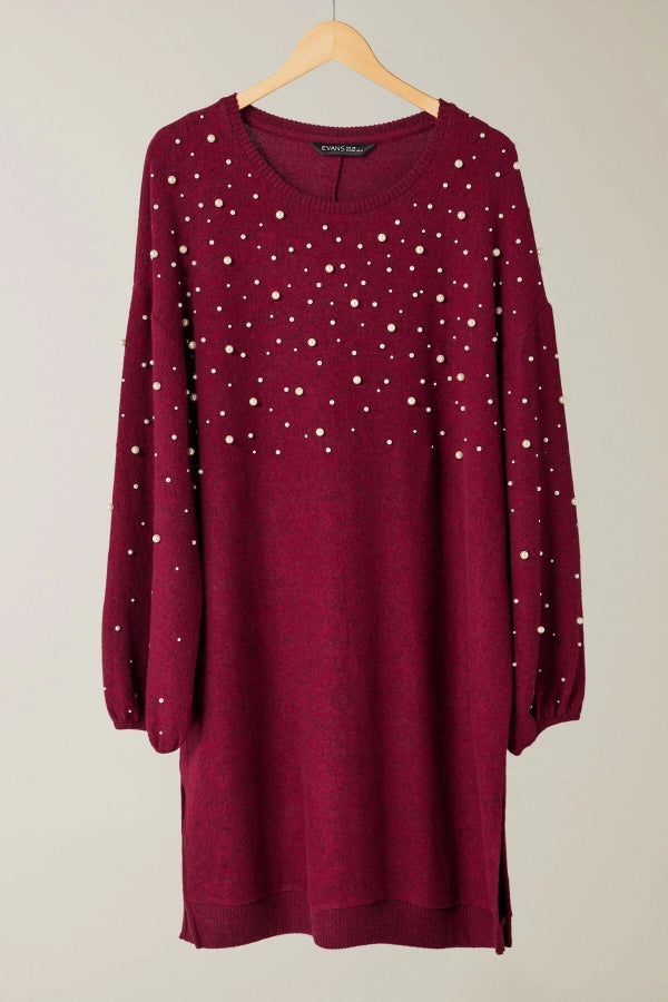 Büyük Beden Bisiklet Yaka Balon Kol Boncuk İşlemeli Triko Elbise 615671 Vervegrand